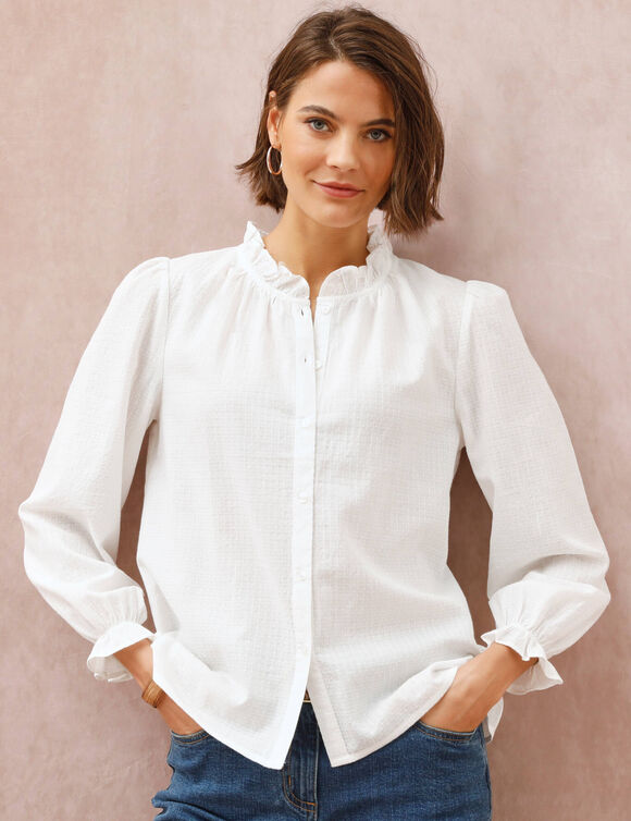 Chemisier uni volant&eacute; en coton textur&eacute; (&eacute;cru)