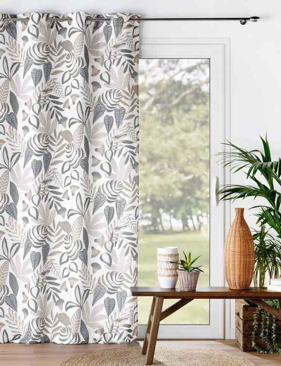 Gordijn met oogringen, natuurlijke print (grijs / taupe)