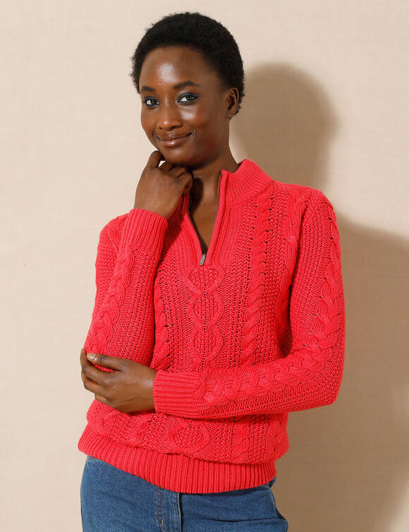 Pull col montant zippé, maille torsadée (rouge)