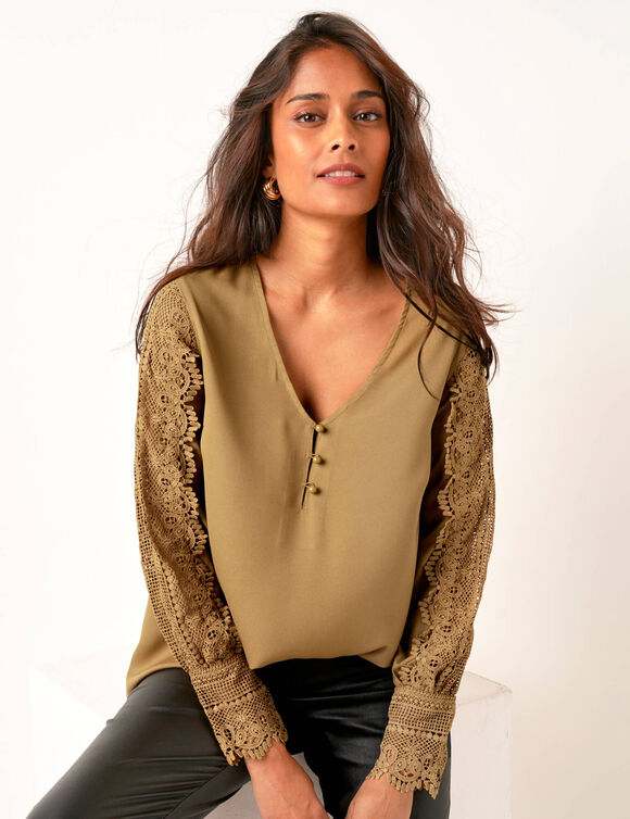 Blouse macramé col V manches longues, crêpe fluide (bronze)