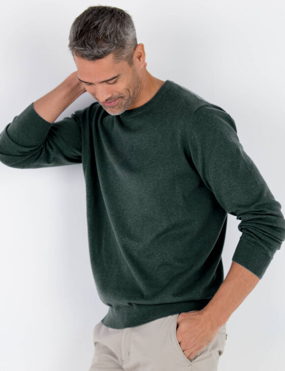 Pull pur coton col rond manches longues (vert chiné)