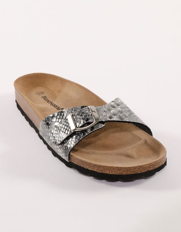 Platte sandalen met gesp en pythoneffect (grijs)
