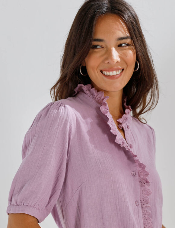 Chemisier manches courtes uni, gaze de coton (parme gris&eacute;)