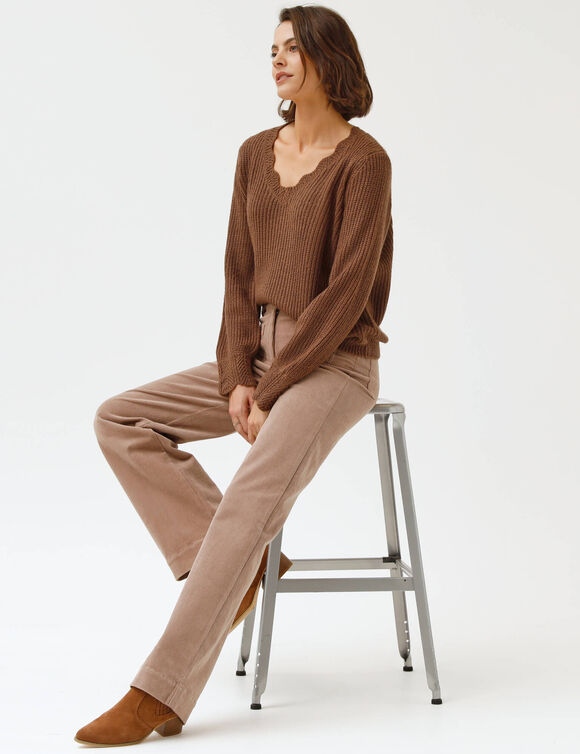 Pantalon velours coupe large taille haute, petite stature (beige)