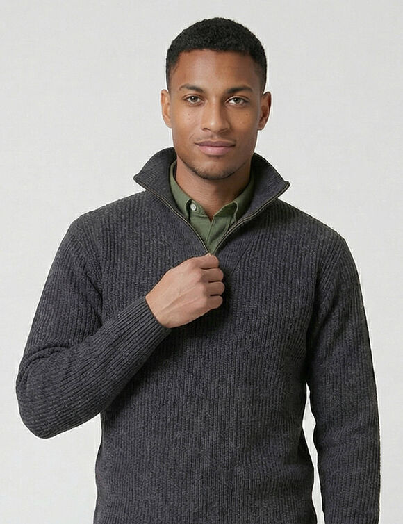 Pull col camionneur c&ocirc;te anglaise 30% laine (gris anthracite)