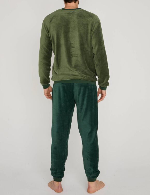 Pyjama pantalon bicolore maille polaire manches longues (kaki)