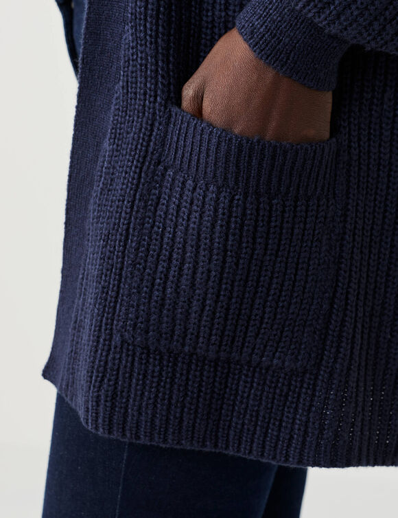 Gilet long ouvert, maille anglaise (marine)