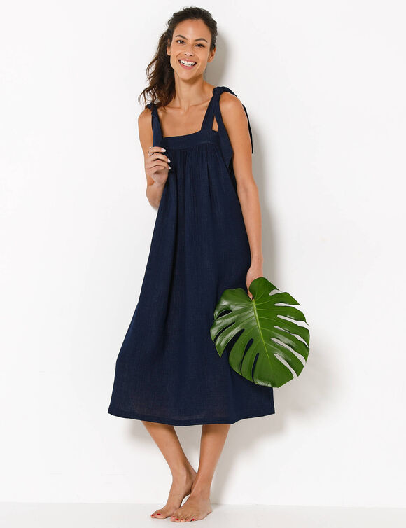 Robe housse &agrave; bretelles nou&eacute;es effet denim, gaze de coton (indigo)