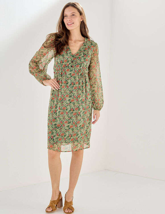 Robe courte, en voile imprim&eacute; (kaki / &eacute;cru)
