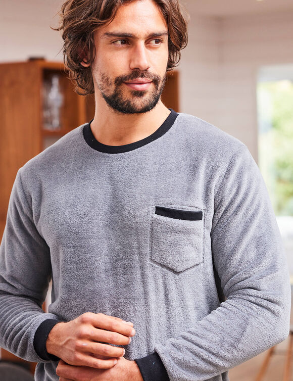 Pyjama pantalon bicolore maille polaire manches longues (gris)
