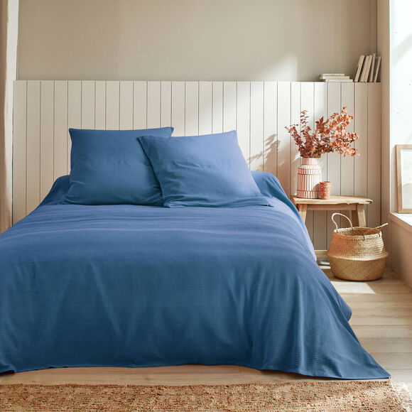 Jet&eacute; de lit uni tiss&eacute; coton (bleu)