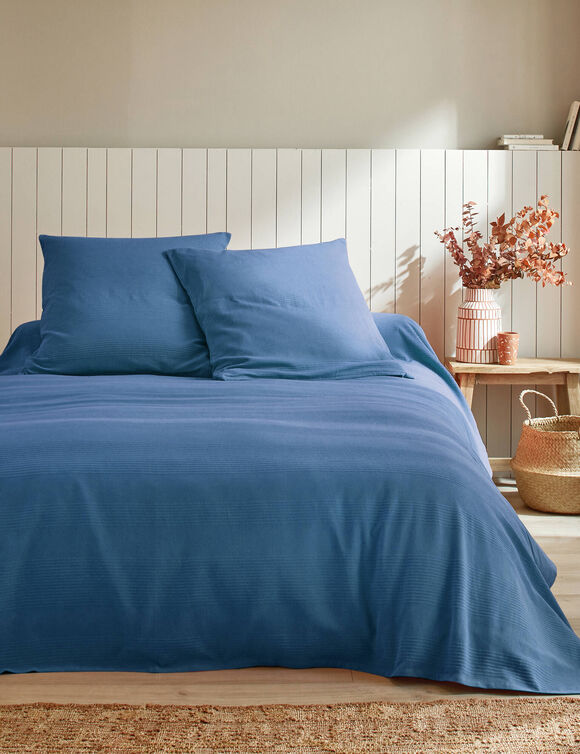 Jet&eacute; de lit uni tiss&eacute; coton (bleu)