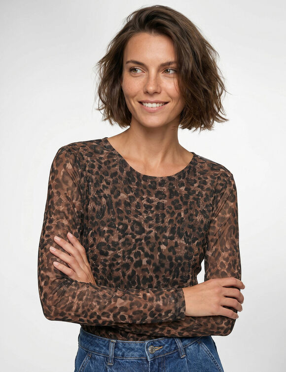 T-shirt manches longues en r&eacute;sille, imprim&eacute; l&eacute;opard (taupe / noir)