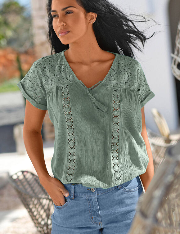 Blouse macram&eacute;, cr&eacute;pon coton (kaki)
