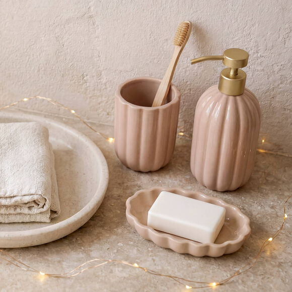 Coffret pour salle de bain 3 pi&egrave;ces, en c&eacute;ramique (vieux rose)