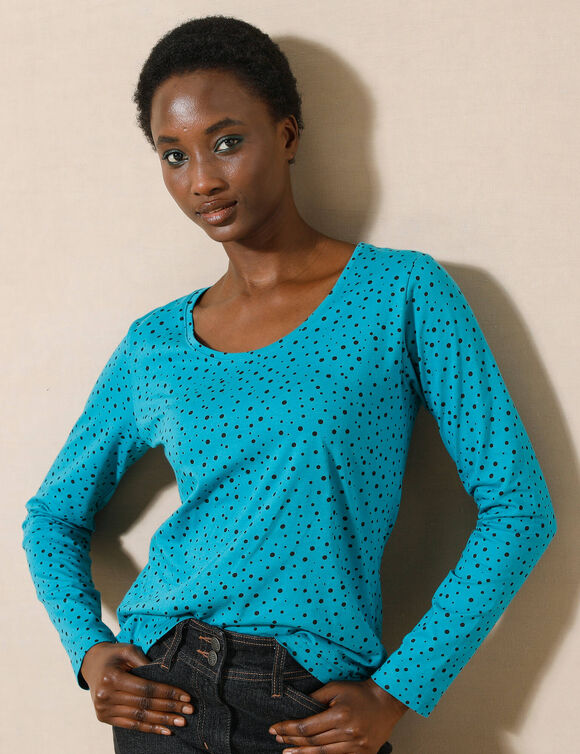T-shirt imprim&eacute; pois en coton biologique(**) (bleu p&eacute;trole)