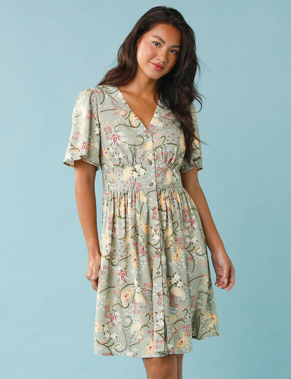 Robe courte boutonn&eacute;e imprim&eacute;e, Sp&eacute;cial Petites  (vert)