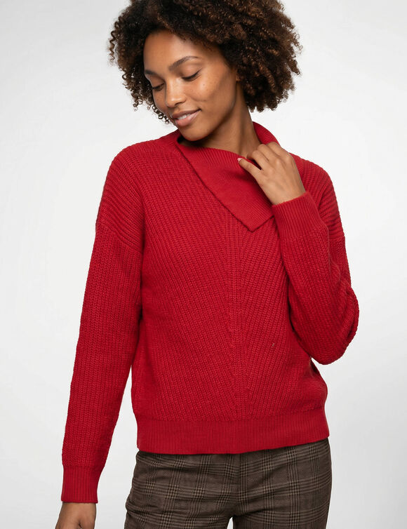 Pull &agrave; col asym&eacute;trique en maille anglaise, tricot fantaisie (rouge)