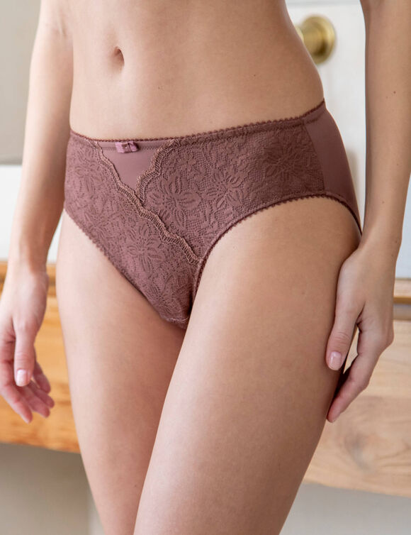 Culotte forme midi taille haute dentelle stretch et tulle Guspini - lot de 2 (caramel)