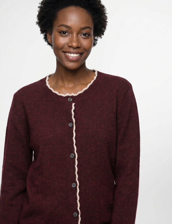 Cardigan &agrave; bords festonn&eacute;s contrast&eacute;s, enrichi en laine (bordeaux / beige)