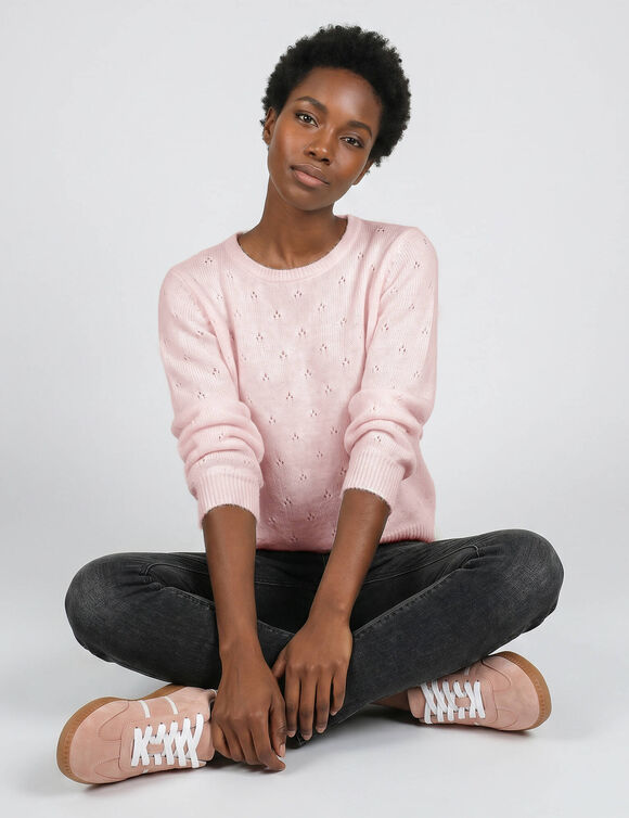 Pull col rond, maille pointelle toucher doux (rose poudr&eacute;)