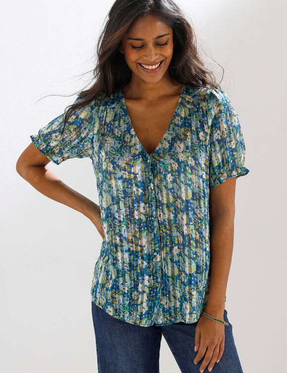 Chemisier boutonn&eacute; manches blousantes imprim&eacute;, voile jacquard (bleu gris&eacute;)