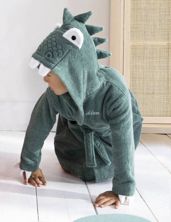 Gepersonaliseerde badjas met capuchon voor kinderen met dinosaurusmotief - badstof 340 g/m&sup2; (eucalyptus)