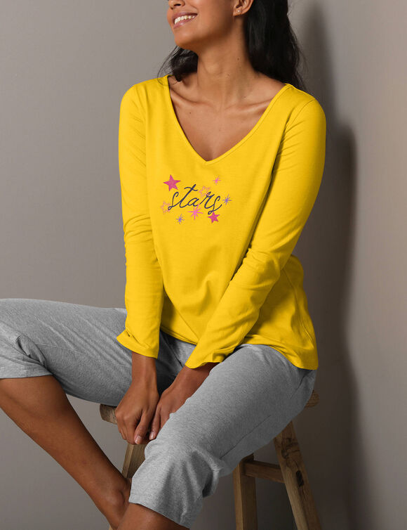 Pyjama-T-shirt met lange mouwen en bedrukking met Estrella-motief (geel)