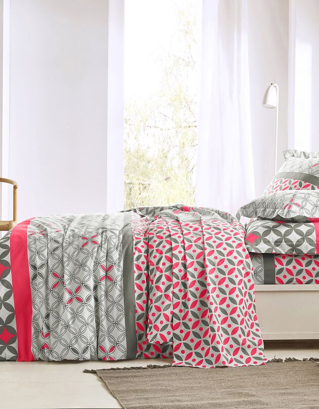 Bedlinnen Marlow, katoen met geometrische motieven (grijs / koraal)