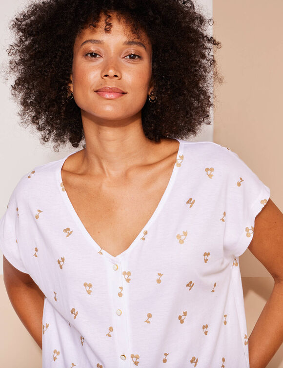 T-shirt col V boutonné imprimé cerises dorées (blanc / doré)