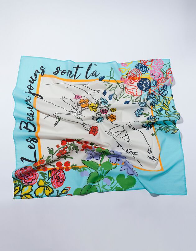 Foulard fabriqué en France imprimé fleurs, 100 x 100 cm  - coton (bleu ciel)