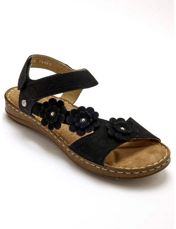 Sandalen met scratchriempjes en bloempjes, suèdeleer (zwart)