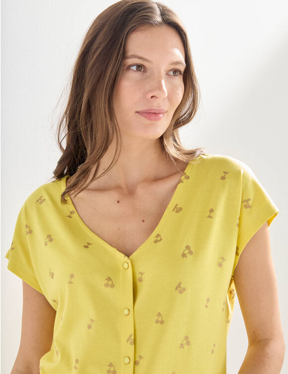 T-shirt col V boutonn&eacute; imprim&eacute; cerises dor&eacute;es (anis / dor&eacute;)