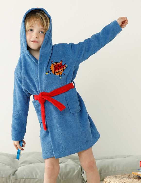 Badjas voor kinderen 'superheld', met kap, katoenen badstof - 340 g/m2 (felblauw)