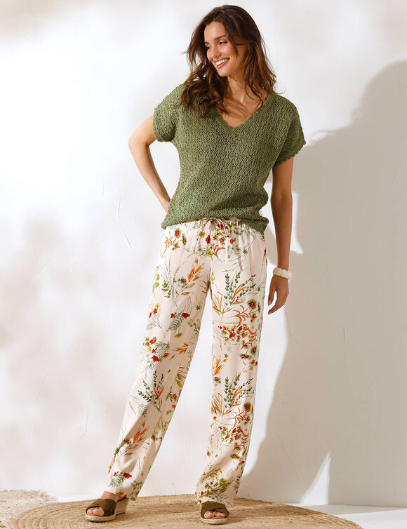 Pantalon large fluide, imprim&eacute; fleuri (&eacute;cru / kaki)