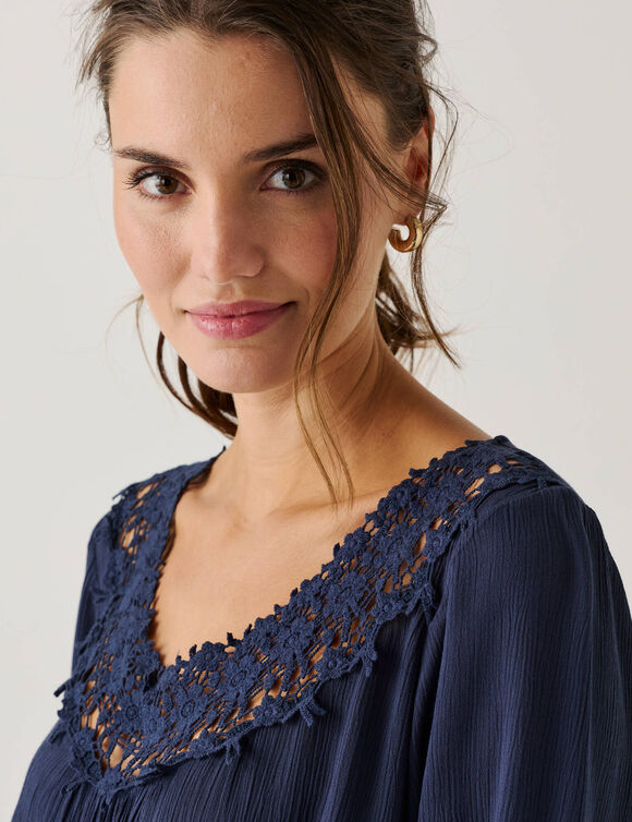 Tunique macram&eacute; manches 3/4, cr&eacute;pon (marine)