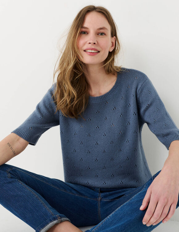 Pull manches courtes, maille pointelle toucher doux (bleu denim)
