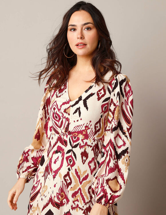 Robe longue col V, imprimé ikat (beige)