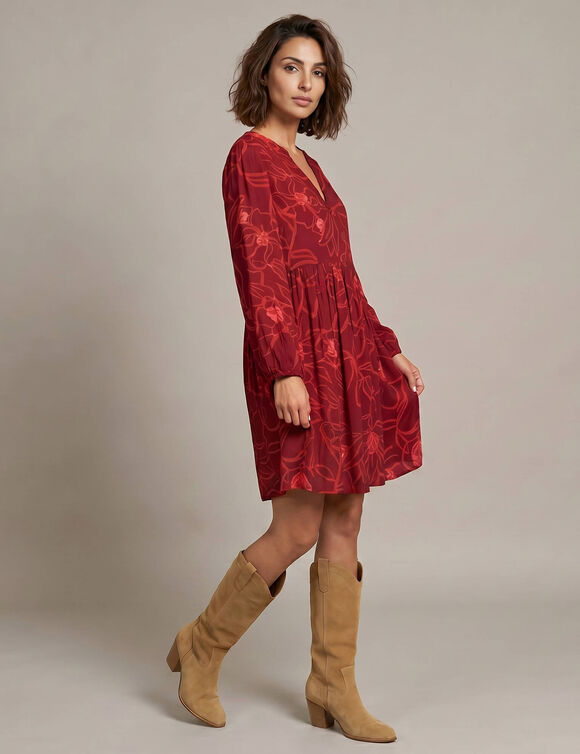 Korte jurk met ronde hals, 7/8-mouwen, bloemenprint (bordeaux / rood)