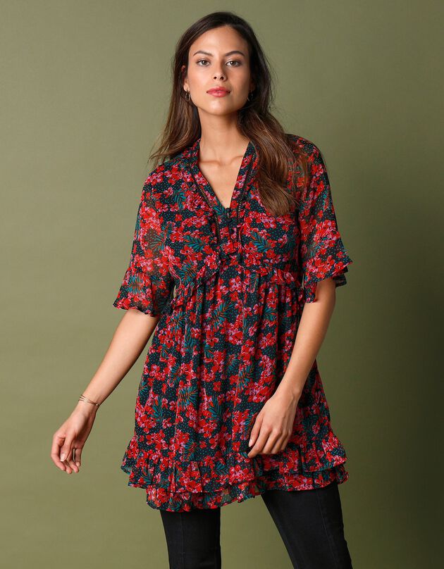 Tuniek in voile met stroken (zwart / rood)
