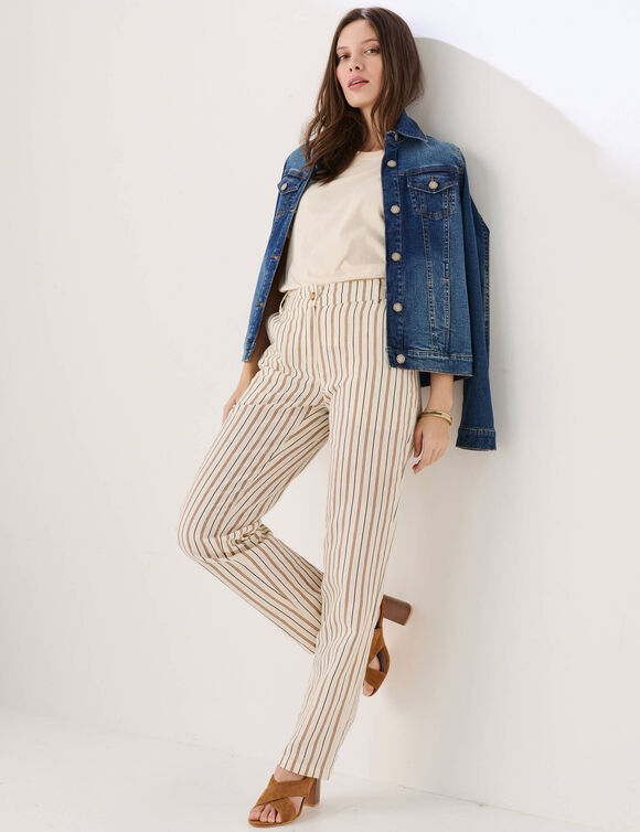 Pantalon coupe mom coton-lin ray&eacute; (&eacute;cru / chocolat)