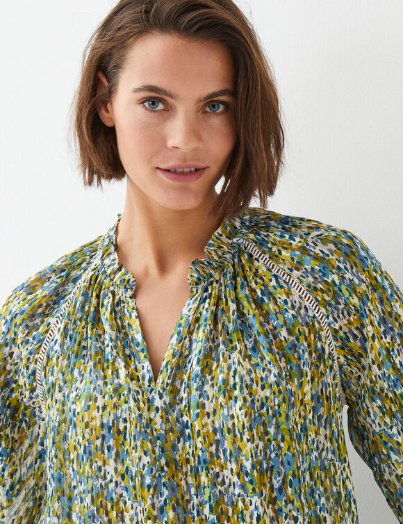 Blouse en voile imprim&eacute; tachiste (bleu gris&eacute;)