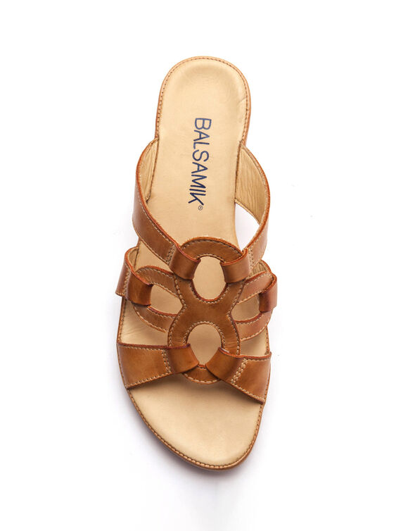 Mules en cuir &agrave; talon compens&eacute;, largeur confort (caramel)