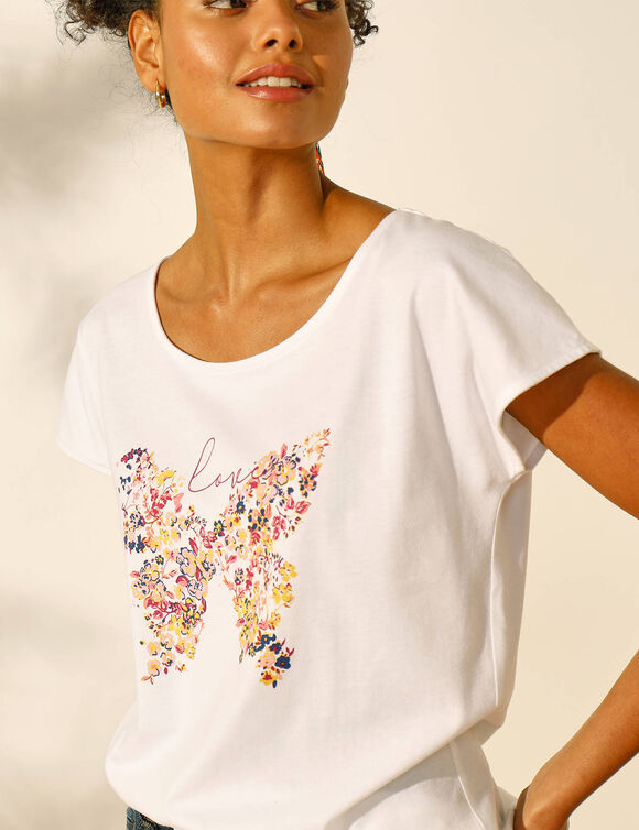 T-shirt manches courtes, imprim&eacute; plac&eacute; "papillon" (blanc)