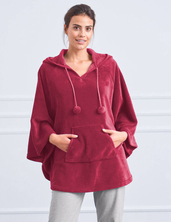 Poncho à capuche, maille polaire toucher peluche (cerise)