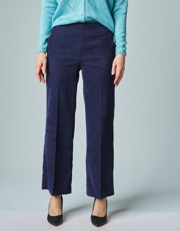 Pantalon 3/4 large taille haute, velours côtelé (marine)