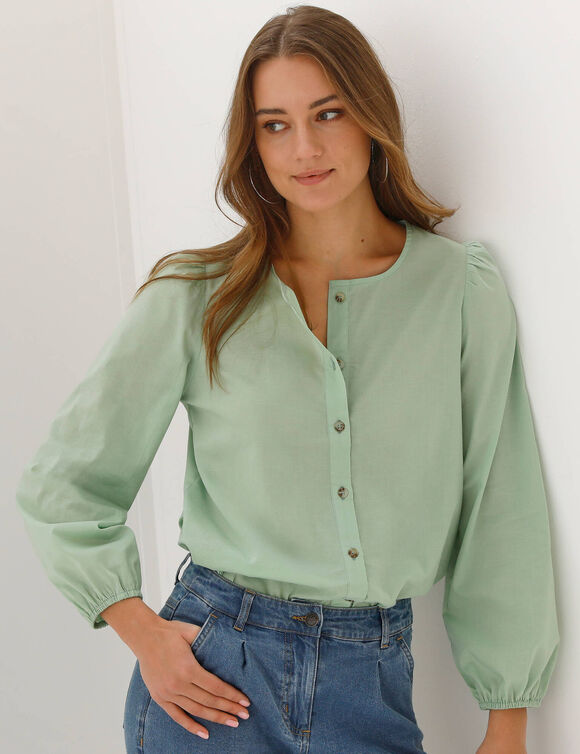 Chemisier uni col rond, manches longues blousantes (vert)