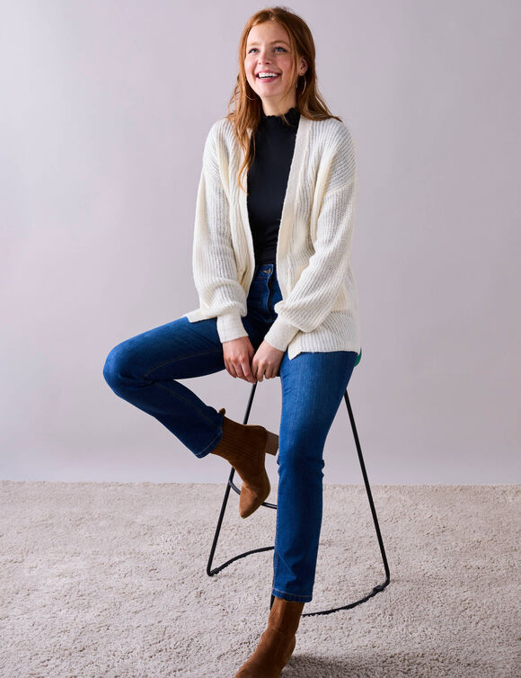Gilet long porter ouvert, maille anglaise toucher doux (écru)
