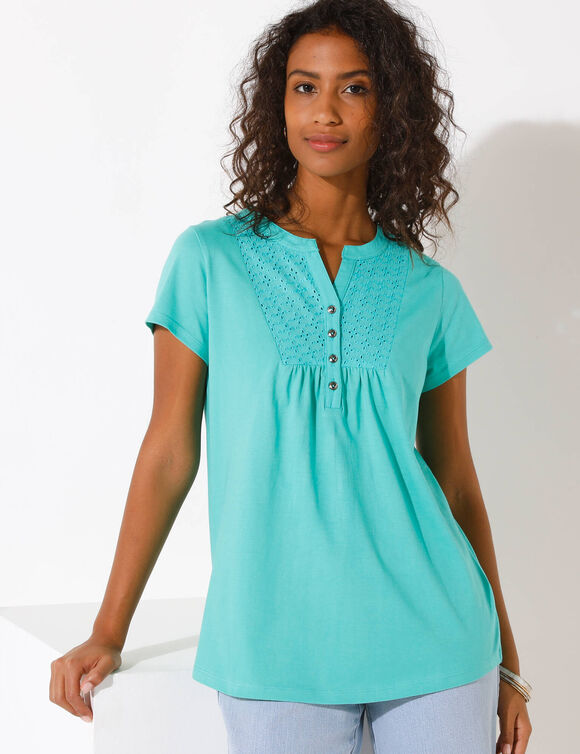 T-shirt col tunisien manches courtes, broderie anglaise (vert menthe)