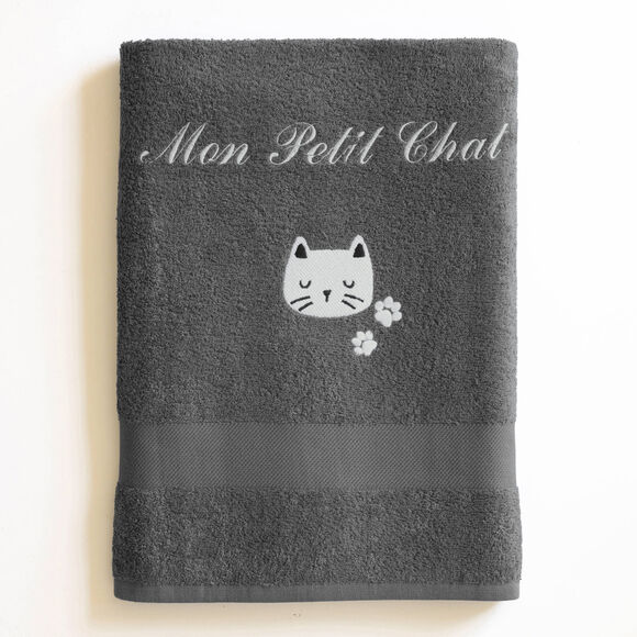 Collectie in badstof voor kids met katborduursel, gepersonaliseerd (antraciet)
